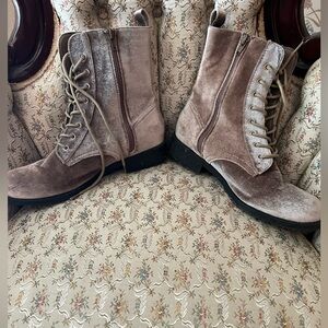 Lowest price today. Velour/ velvet lace up and zipper low heel boot. Size 10